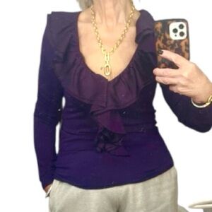 Lauren By Ralph Lauren. V-neckline Top With Ruffle Detail. Burgundy. Size Small